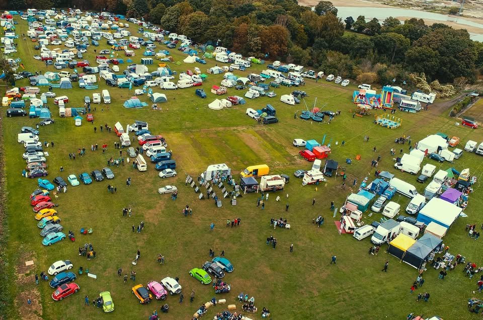 Aerial view of Doncaster VW Festival showing camping, show and shine and traders